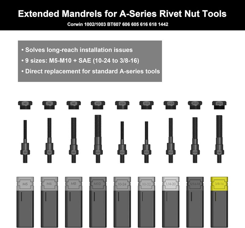 CORWIN Store UNC3/18-16 Extended Rivet Nut Gun Mandrels and Nosepiece Set, Specifically Designed for Installing Pre-bulbed Rivet Nuts and Similar Threaded Inserts Multi-Grip - Image 2